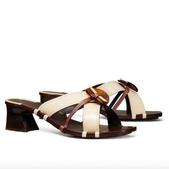 Tory Burch Leather Artisanal Knot Heeled Mule Sandals Superb Condition Size 7.5